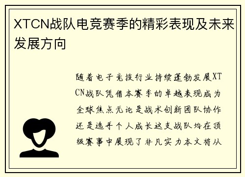 XTCN战队电竞赛季的精彩表现及未来发展方向